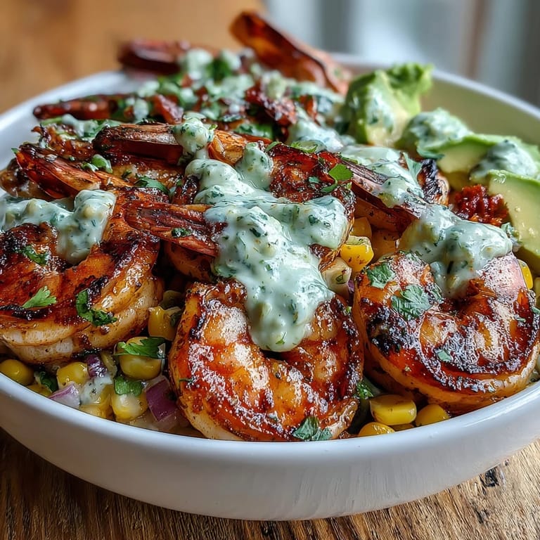 A single serving of the Grilled Shrimp Bowl with Avocado, Corn Salsa & Creamy Garlic Sauce is ready to eat. The grilled shrimp and green cilantro garnish look delicious against the creamy sauce.