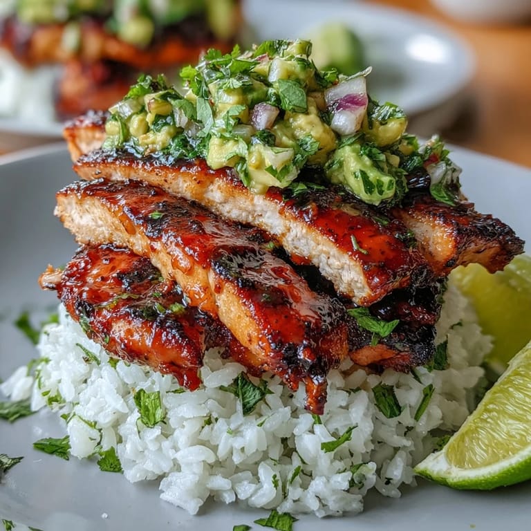 Freshly made Tangy Honey Lime Chicken and Avocado Rice Stack garnished with cilantro, ready to serve for dinner.