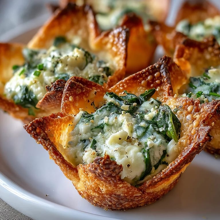 Savory Crispy Spinach Feta Wonton Cups baked in a mini muffin tin, perfect for parties.