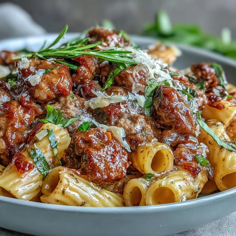 A hearty platter of One-Pot Creamy Red Wine Sausage pasta with rich red sauce, served with garlic bread and fresh herbs. 