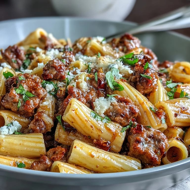 Close-up on One-Pot Creamy Red Wine Sausage Pasta, showing penne coated in velvety sauce with slices of browned sausage.