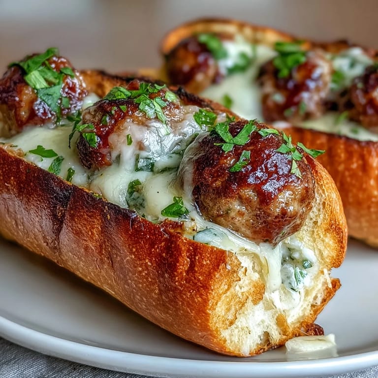 Baked turkey meatballs rest in a creamy garlic-Parmesan sauce inside golden sub rolls for an indulgent bite.