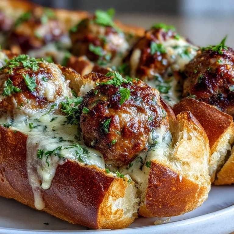 Juicy meatballs and rich sauce fill a warm, toasted roll, ready to serve as a satisfying weeknight dinner.