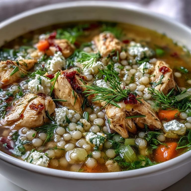 Close-up photo of Greek Chicken & Pearl Couscous Soup featuring tender chicken, vegetables, and pearl couscous.