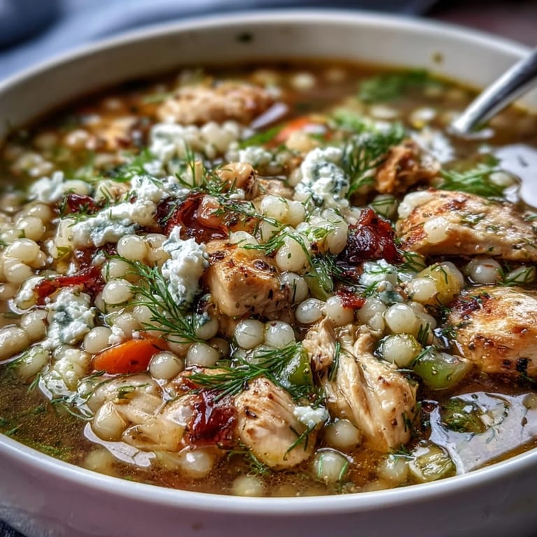 A hearty serving of Greek Chicken & Pearl Couscous Soup garnished with lemon wedges and bright herbs.
