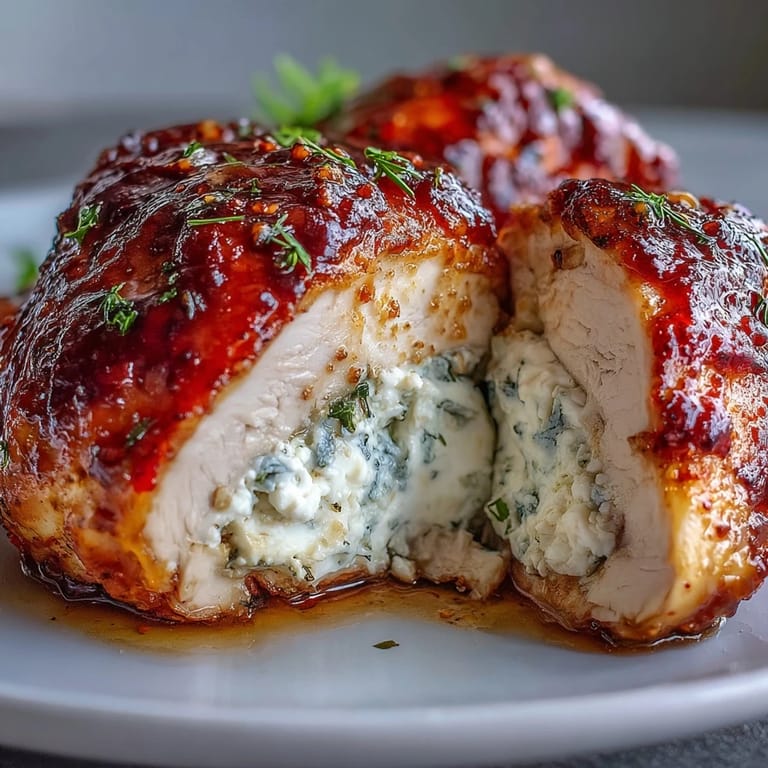 Four servings of Hot Honey Ricotta Stuffed Chicken with a melty ricotta center, plated with roasted vegetables.