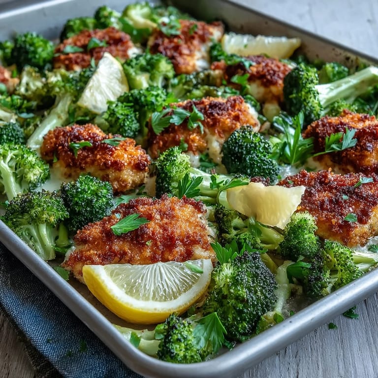 A crispy Parmesan Broccoli & Chicken Trays bake finished with fresh parsley and bright lemon wedges for an easy, healthy dinner.