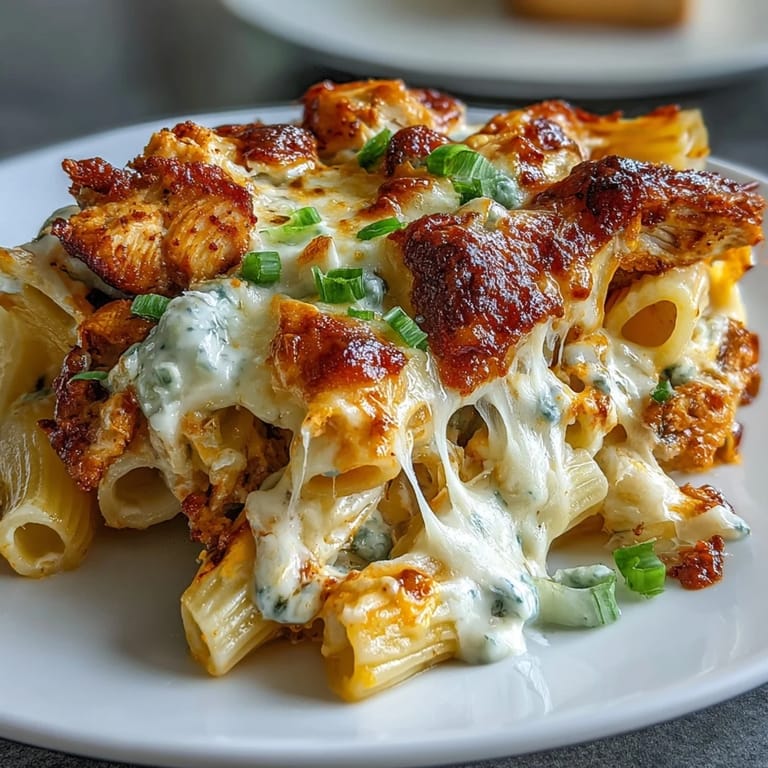 Creamy Buffalo Ranch Chicken Pasta Bake served in a casserole dish, garnished with fresh green onions.