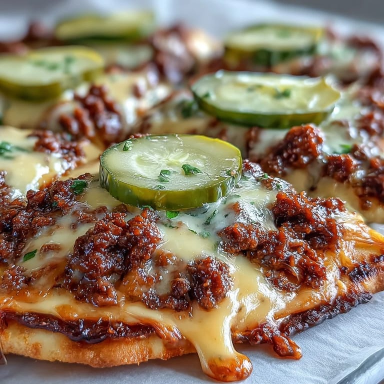 A close-up view of savory Cheeseburger Garlic Naan Pizzas topped with seasoned ground beef, diced tomatoes, and fresh chives.