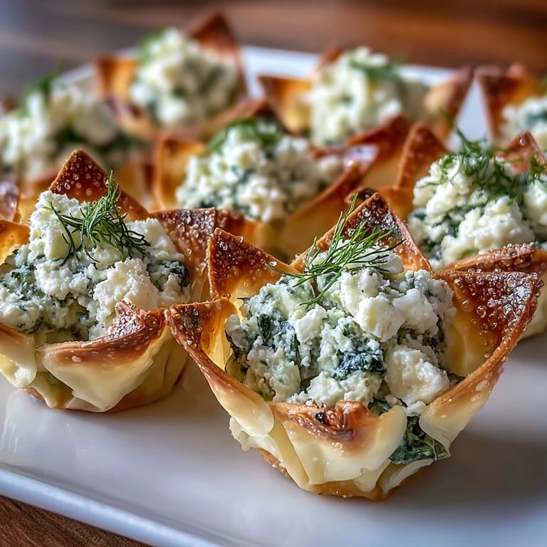 Inside each baked wonton cup is a creamy, savory spinach and feta filling with herbs.