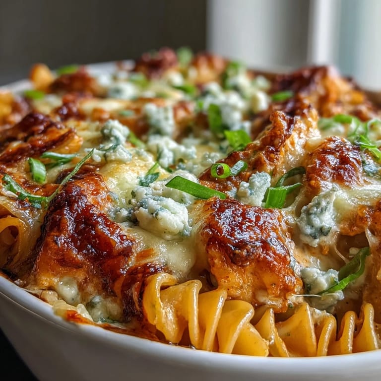 Freshly baked Creamy Buffalo Ranch Chicken Pasta Bake garnished with green onions and crumbled blue cheese.