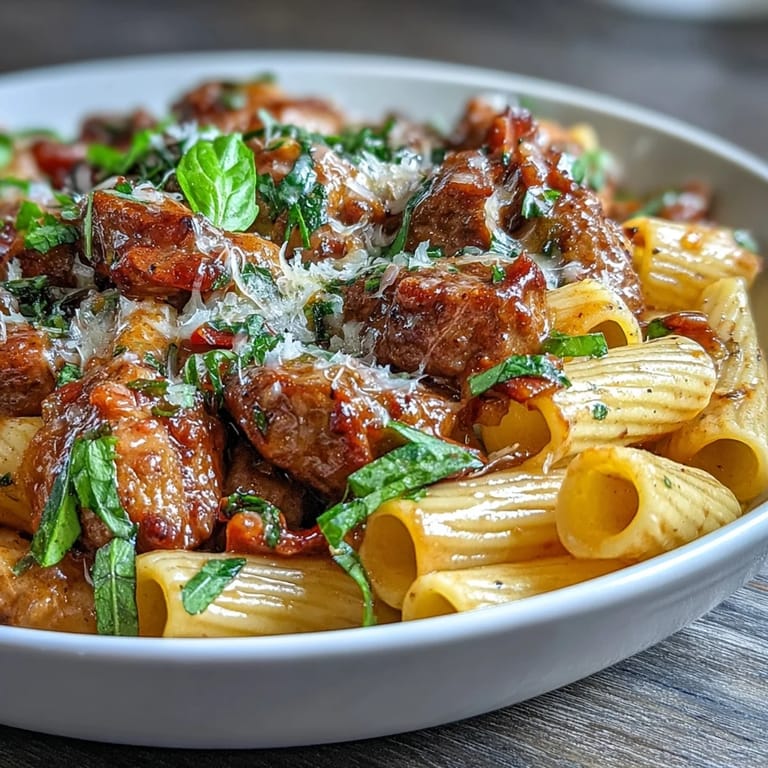 A hearty serving of One-Pot Creamy Red Wine Sausage Pasta with penne noodles, showcasing a creamy tomato sauce and fresh basil garnish.