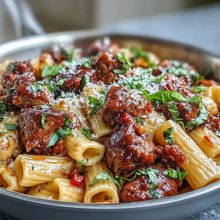 Close-up shot of One-Pot Creamy Red Wine Sausage Pasta in a skillet, garnished with fresh parsley and a side of grated Parmesan cheese.