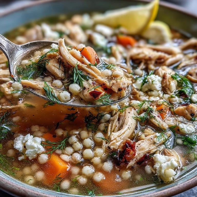 Zesty lemon and tender chicken simmer in Greek Chicken & Pearl Couscous Soup, with carrots and celery peeking through a rich golden broth.