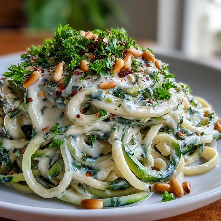 Creamy Vegan Cashew Alfredo sauce coats fresh, bright green zucchini noodles in a white bowl, highlighting a satisfying low-carb Italian main dish.