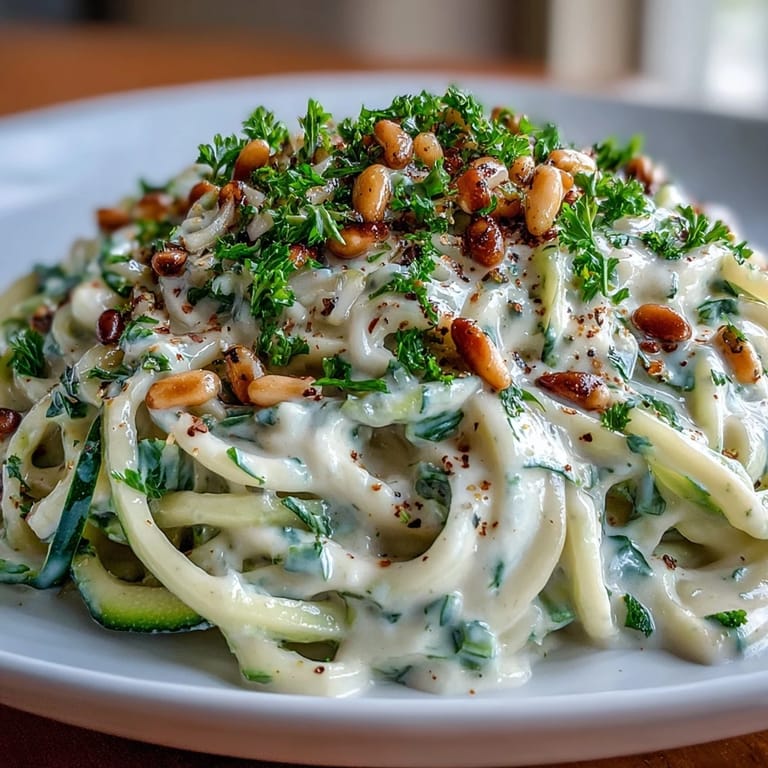 Close-up of sautéed zucchini noodles tossed with silky Vegan Creamy Cashew Alfredo, garnished with parsley and pine nuts, ready to serve immediately.