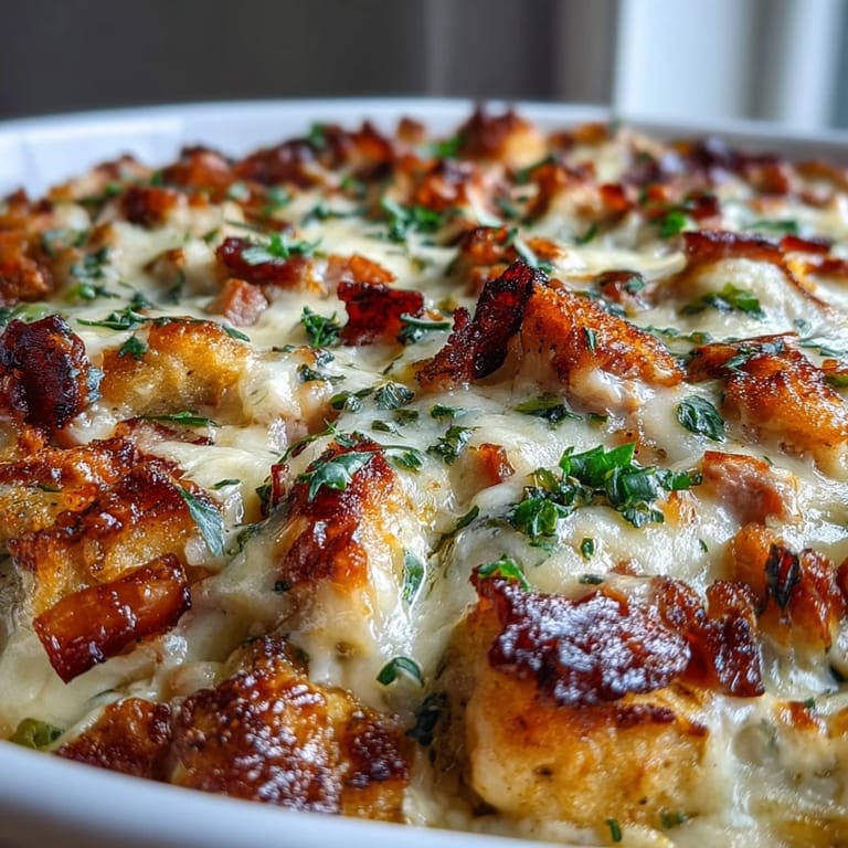 Creamy Keto Chicken Cordon Bleu Casserole featuring tender chicken, diced ham, and rich Dijon mustard sauce in a baking dish.
