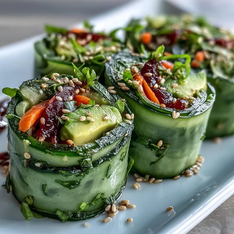 Thin spiraled cucumber wraps hold creamy avocado strips, sesame seeds, and fresh cilantro for a vibrant bite.