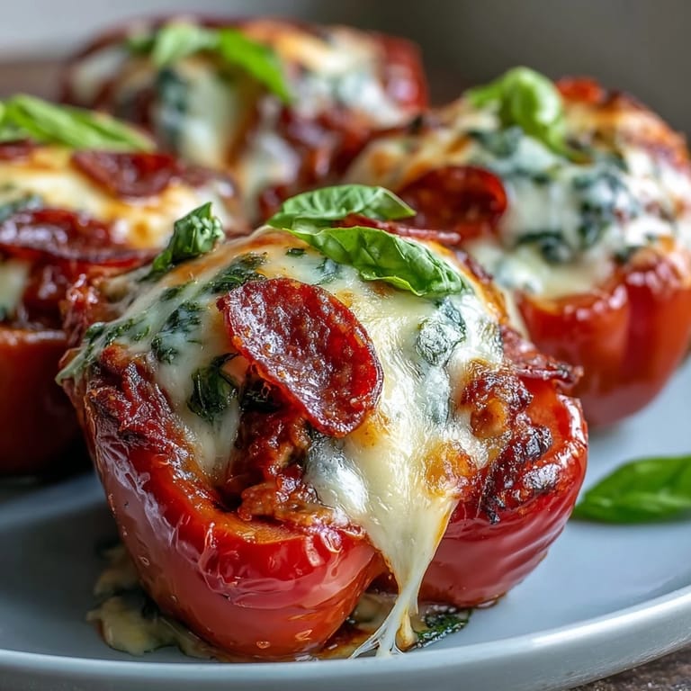 A close-up of Keto Pizza Stuffed Peppers on a plate, ready to serve with a side salad for dinner.