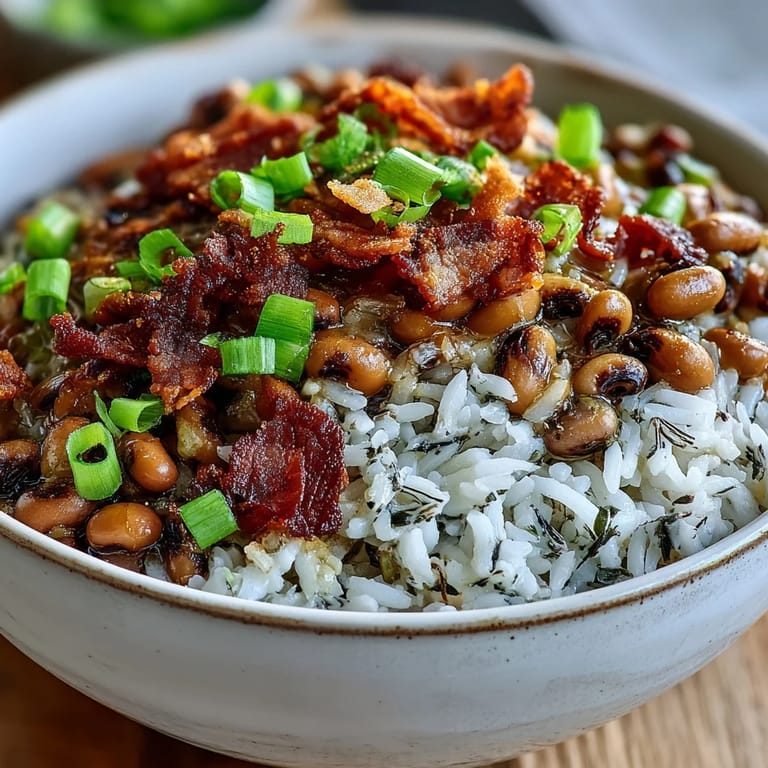 Traditional Hoppin John recipe plated with golden rice and crispy bacon, ready for a Southern New Year's dinner.