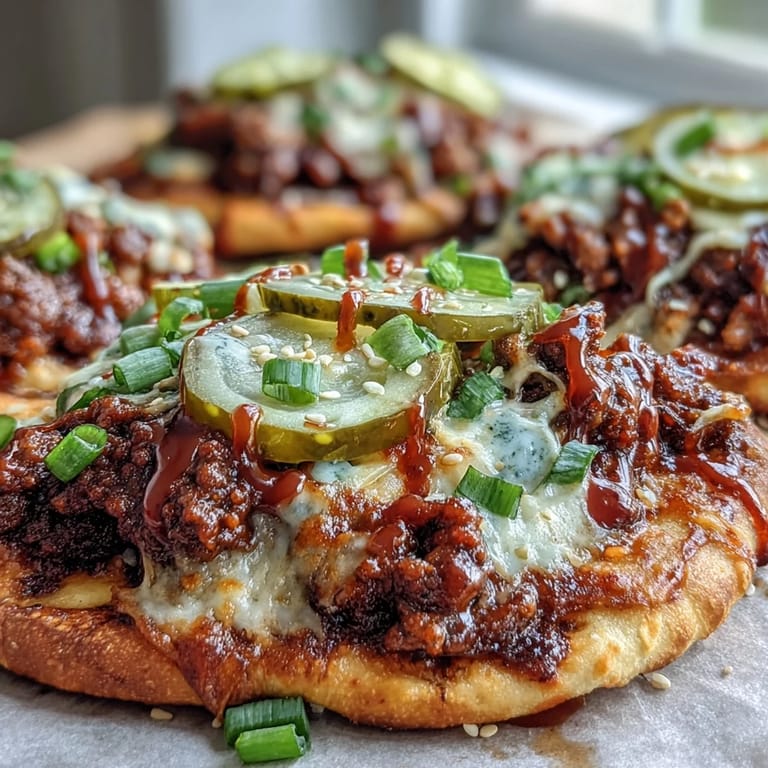 Cheeseburger Garlic Naan Pizzas with seasoned ground beef and chopped scallions on a rustic wooden serving board.