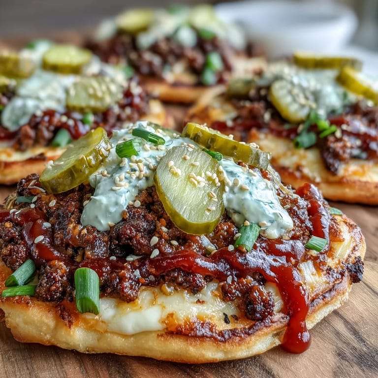 Close-up of Cheeseburger Garlic Naan Pizzas drizzled with ketchup, showcasing bubbling cheese and crispy garlic naan edges.