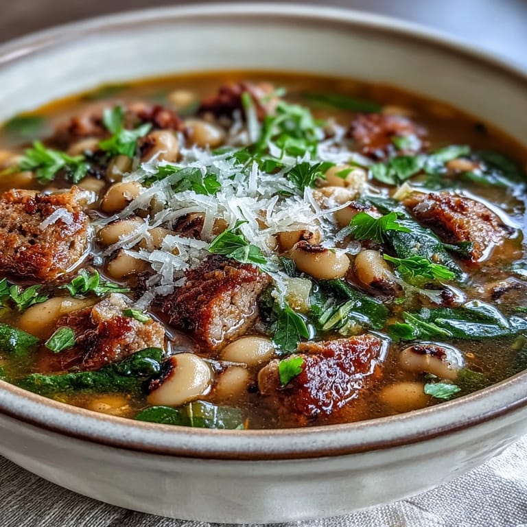 Rustic bowl of black-eyed peas and sausage soup, topped with fresh parsley and Parmesan, perfect for chilly evenings.  