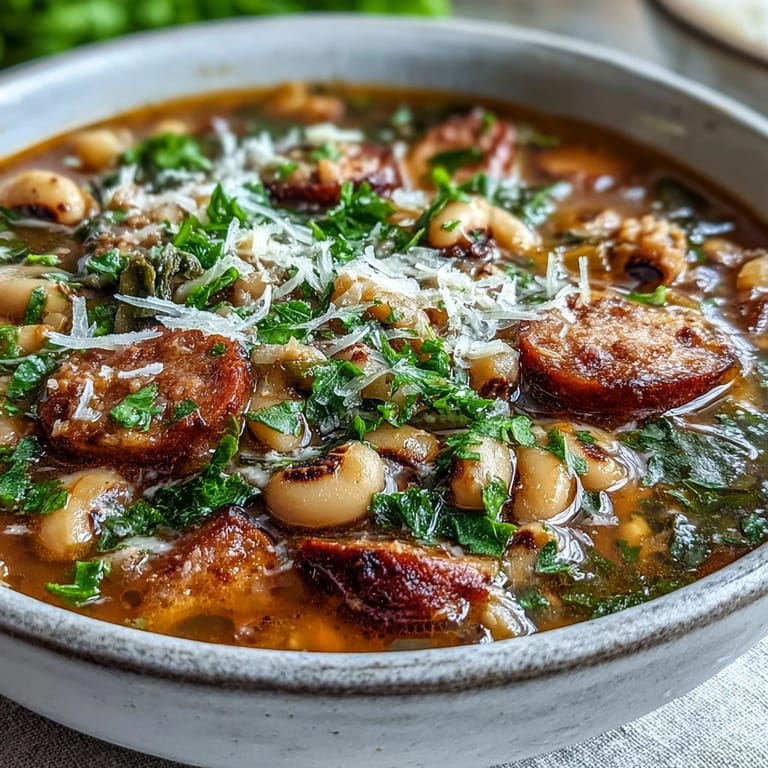 Warming black-eyed peas and sausage soup featuring smoked sausage, diced tomatoes, and a medley of vegetables simmered to perfection.