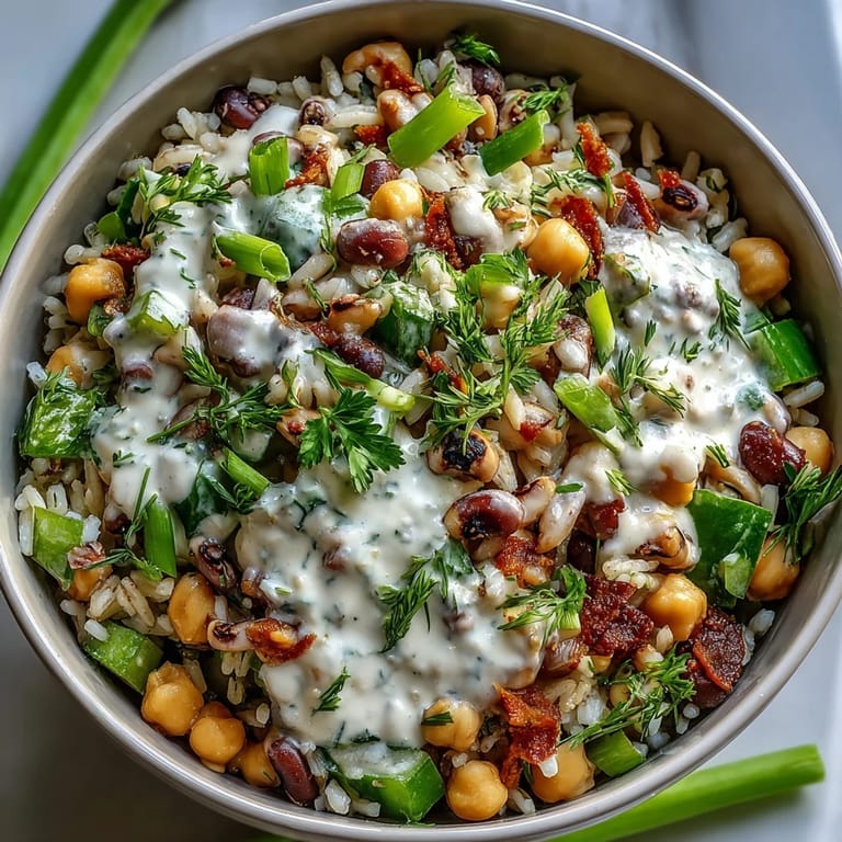 Healthy Hoppin John Salad featuring black-eyed peas, chickpeas, and crisp vegetables tossed in zesty tahini dressing.