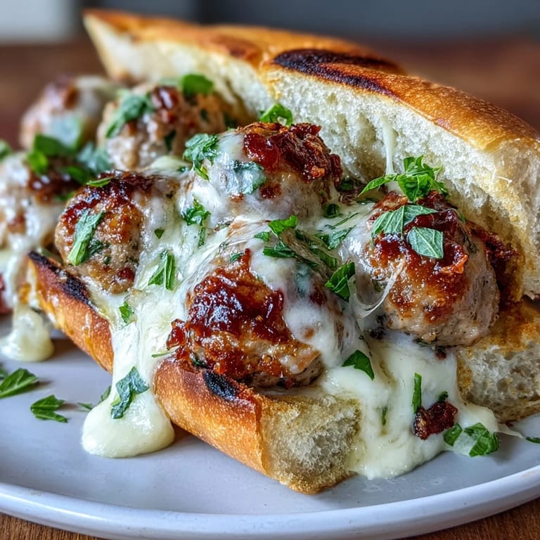 Savory turkey meatballs simmered in creamy garlic-Parmesan sauce, served in warm, buttered sub rolls with a golden mozzarella topping.