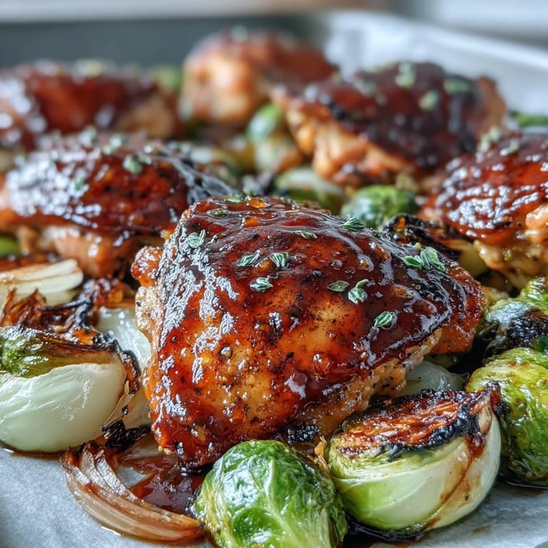 Easy sheet pan honey mustard chicken dinner with tender thighs, honey-Dijon glaze, and roasted Brussels sprouts and onions.