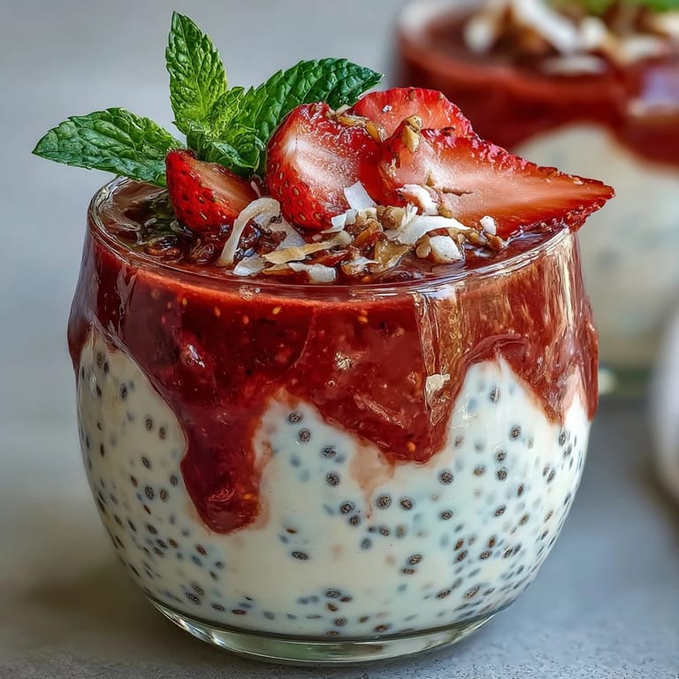 A close-up shot of individual strawberry chia seed puddings layered with fruit puree and garnished with mint, arranged for a healthy brunch.