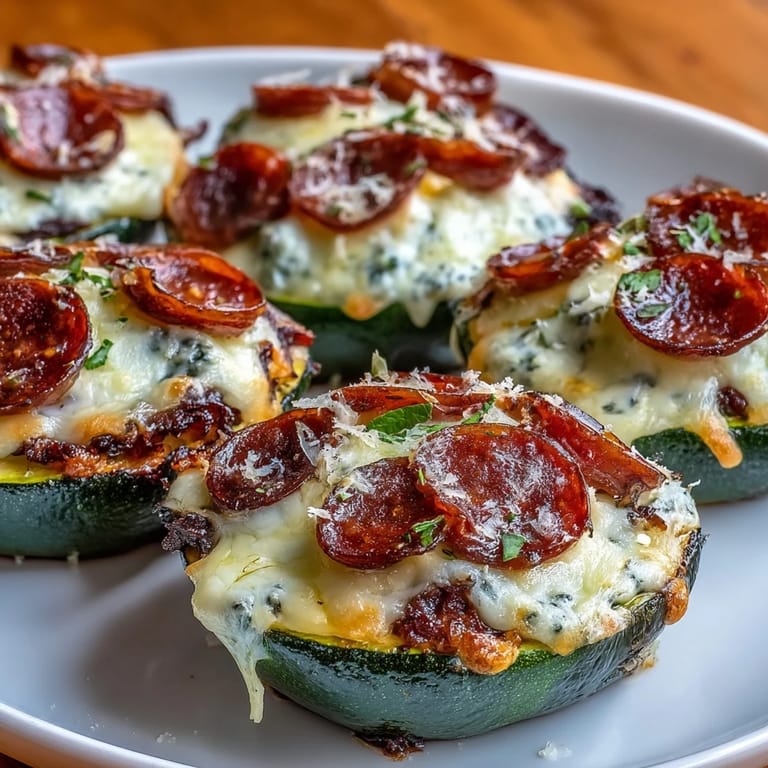 Easy Keto Pepperoni Zucchini Pizza Boats with Mozzarella Melt: tender zucchini slices topped with rich tomato sauce, bubbling mozzarella, and spicy pepperoni slices—perfect for keto dinner.