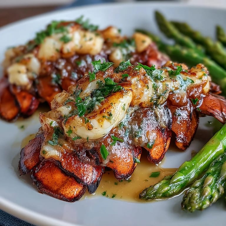 Succulent lobster tails basted in garlic butter, served alongside crisp-tender asparagus for a keto-friendly dinner.  