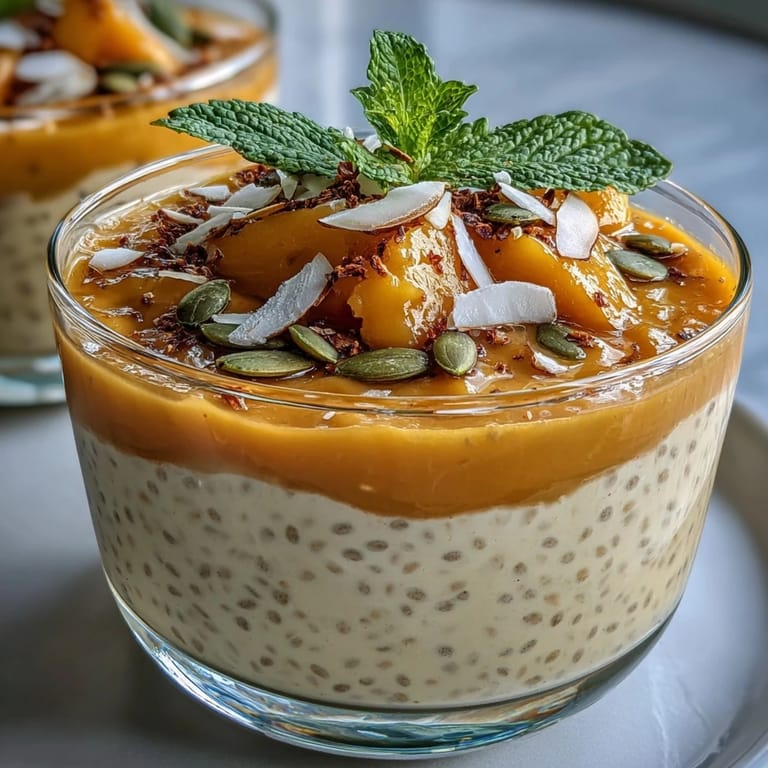 Vegan mango coconut chia pudding cups garnished with mint leaves and pumpkin seeds.