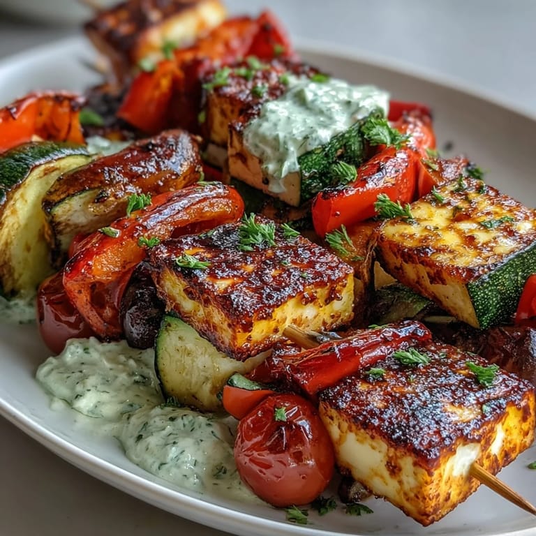 Golden halloumi and vibrant vegetables on skewers, served with a cool, herby yogurt dip for a summer meal.