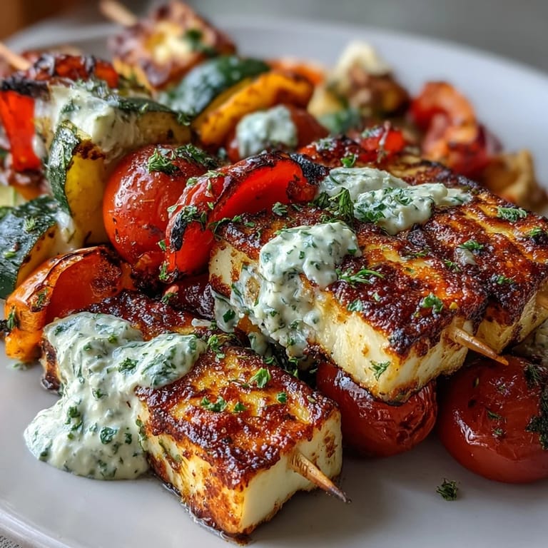 Easy grilled veggie and halloumi skewers with smoky char, paired with refreshing herb yogurt sauce.