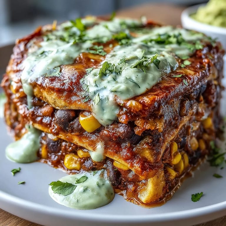 Layers of hearty black beans, corn tortillas, and zesty enchilada sauce topped with creamy avocado crema for a satisfying plant-based meal.