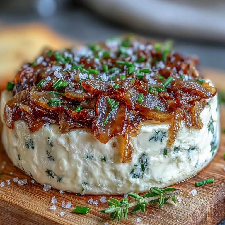 Golden caramelized onions folded into creamy butter on a wooden board, garnished with herbs and served alongside toasted baguette slices.