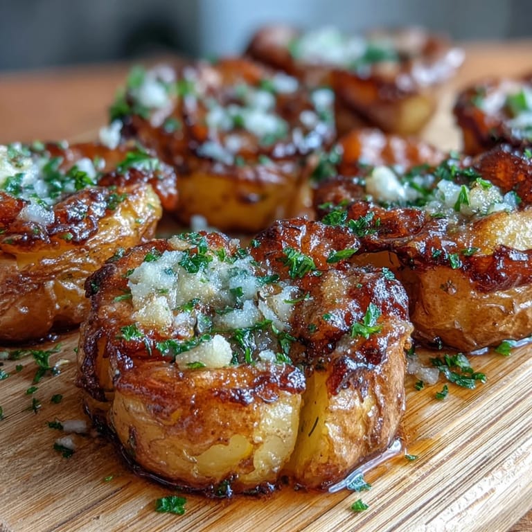 Fluffy roasted baby potatoes smashed and crisped, then finished with aromatic garlic oil for a rich, savory bite.