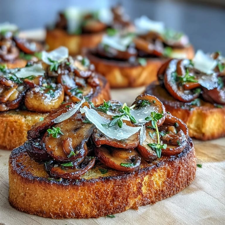 Savory Wild Mushroom & Garlic Crostini topped with golden sautéed mushrooms, fresh thyme, and shaved Parmesan.