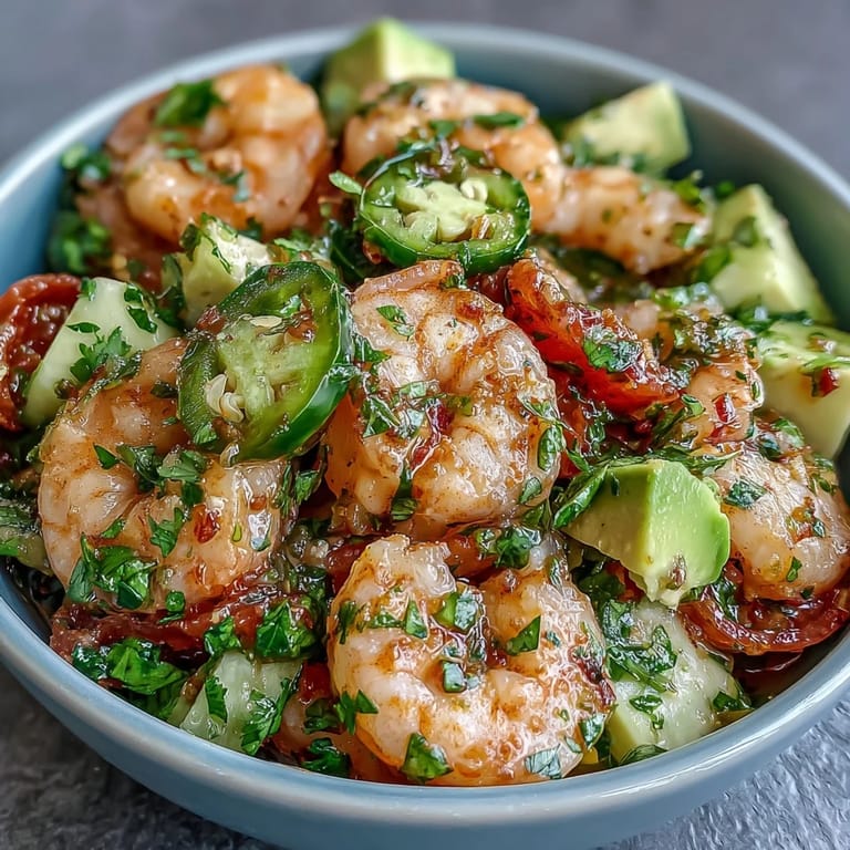 Fresh shrimp ceviche infused with chilli and lime, mixed with avocado and herbs for a bold, gluten-free starter perfect for summer.