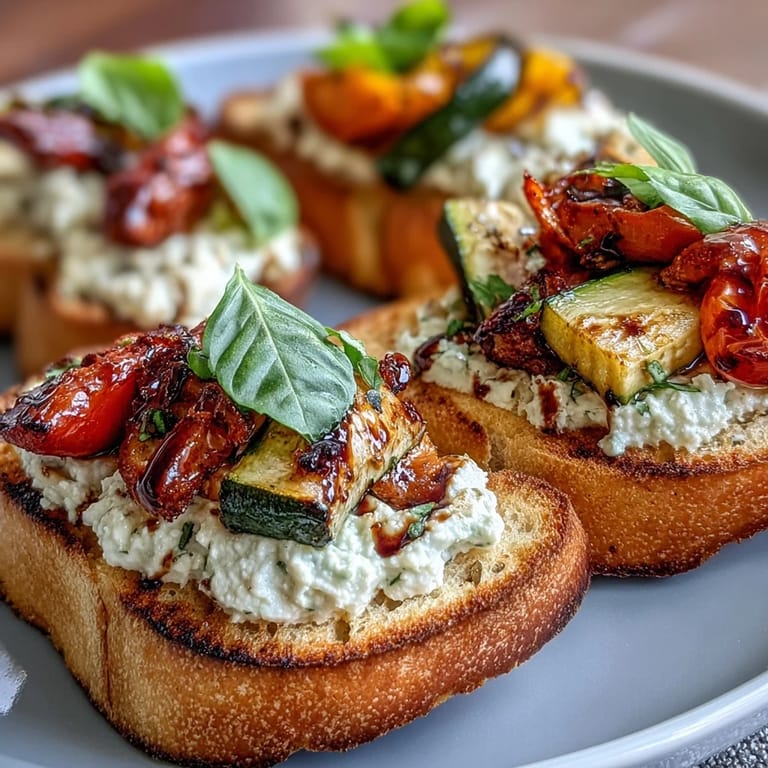 Golden crostini topped with a colorful medley of charred zucchini, peppers, and cherry tomatoes, finished with fresh basil.  