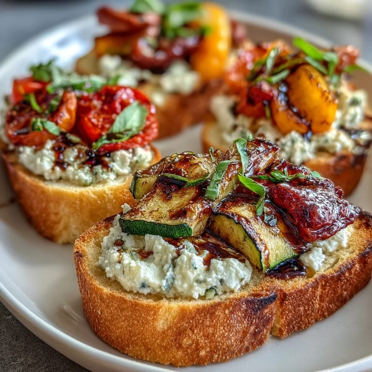 Garlic butter crostini layered with roasted veggies and creamy ricotta, perfect for an elegant vegetarian appetizer or light snack.