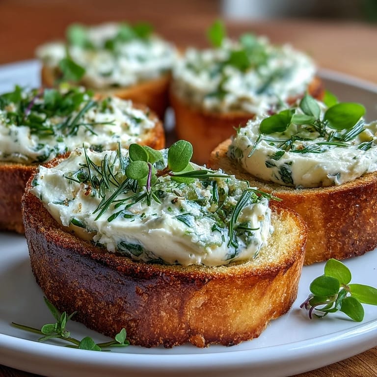 Creamy herbed cheese spread generously layered on crispy crostini, garnished with chives, dill, parsley, and edible flowers for a vibrant appetizer.  