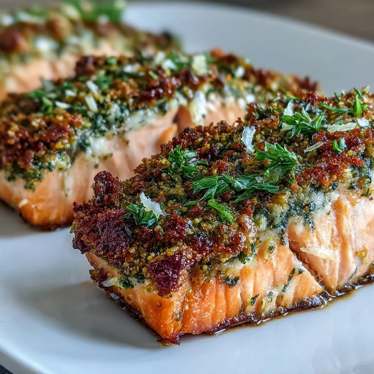 Crunchy pistachio and herb crust coats tender salmon, pan-seared until golden for a satisfying mix of textures and flavors.