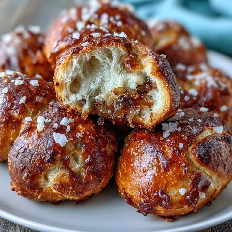 Fluffy sourdough pretzel bites dotted with savory caramelized onions, baked golden and sprinkled with flaky sea salt.