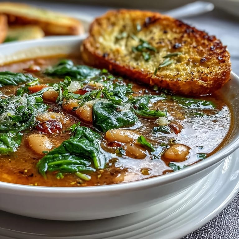 Hearty Tuscan bean soup featuring cannellini beans, tomatoes, and garlic bread, perfect for a comforting vegetarian dinner.