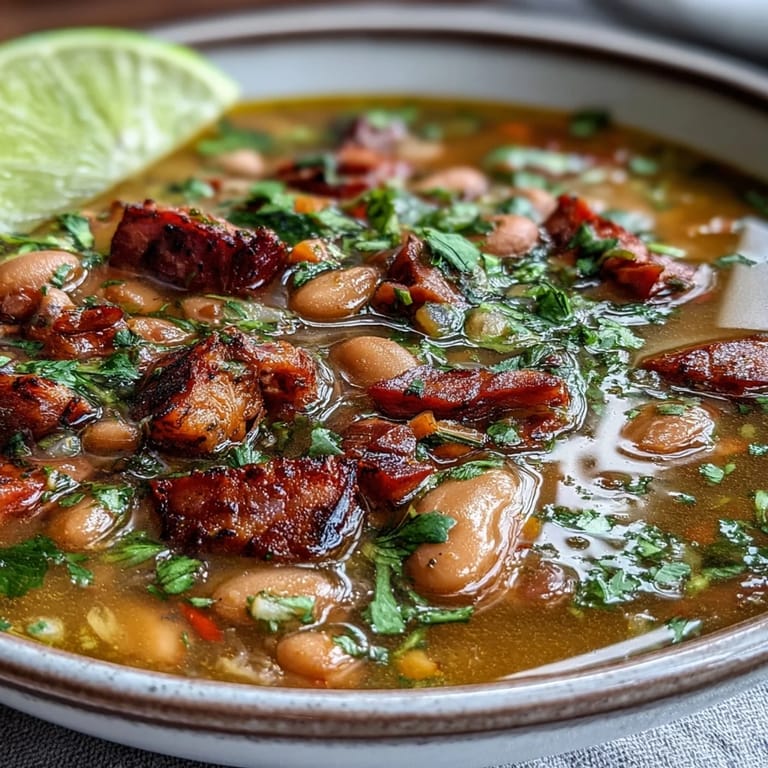 A steaming bowl of Tex-Mex ham and pinto bean soup, rich with diced vegetables and smoky spices.  