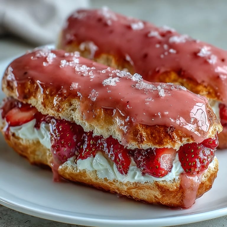 Light and airy éclairs filled with fresh strawberry cream and topped with glossy pink glaze, ideal for special occasions.